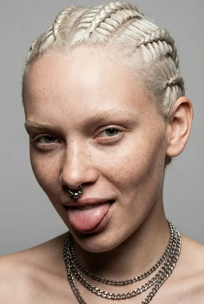 piercing septum portret blond osoby z jezykiem na wierzchu