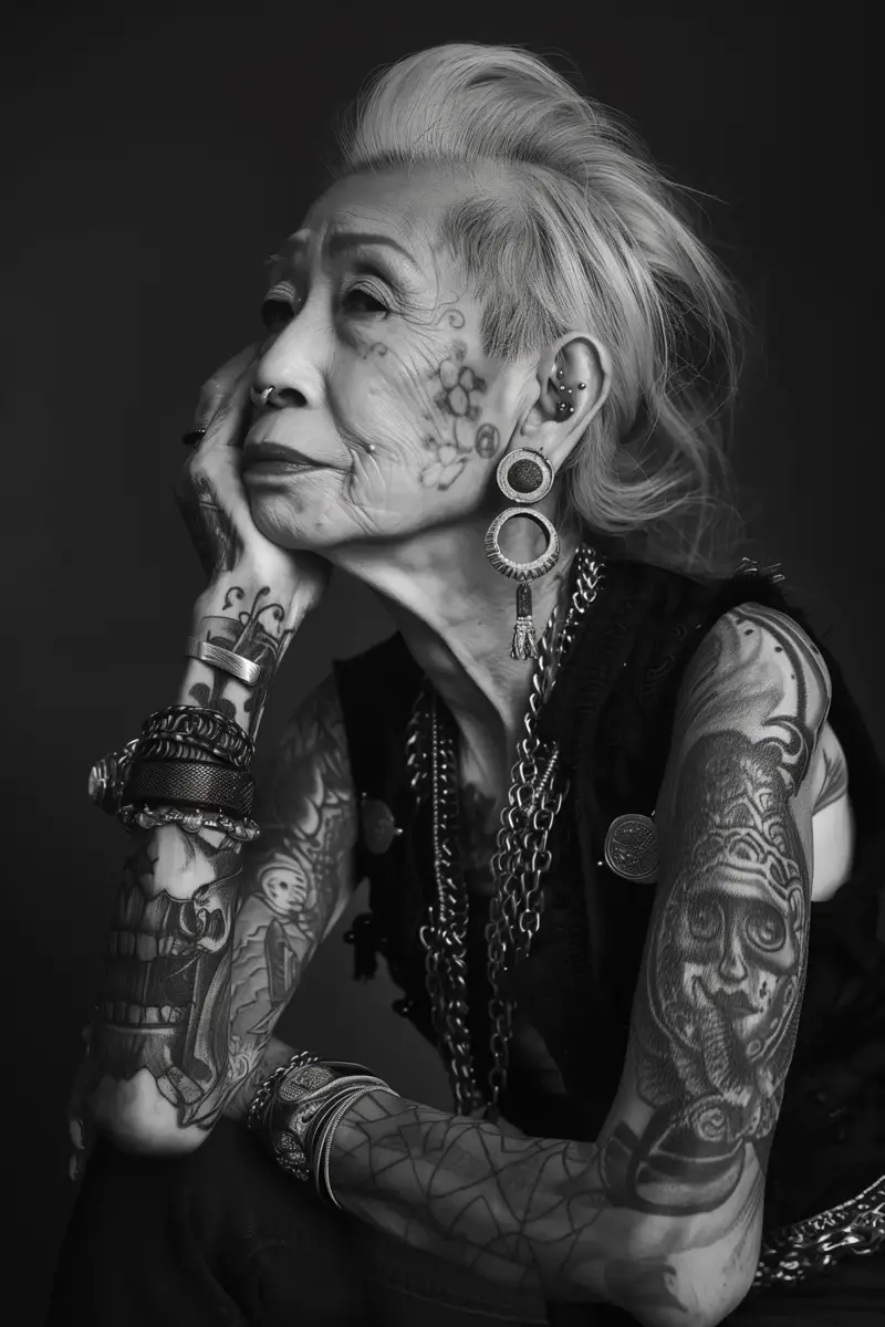 piercing ucho wiele kolczykow tunel portret seniorki czarno bialy